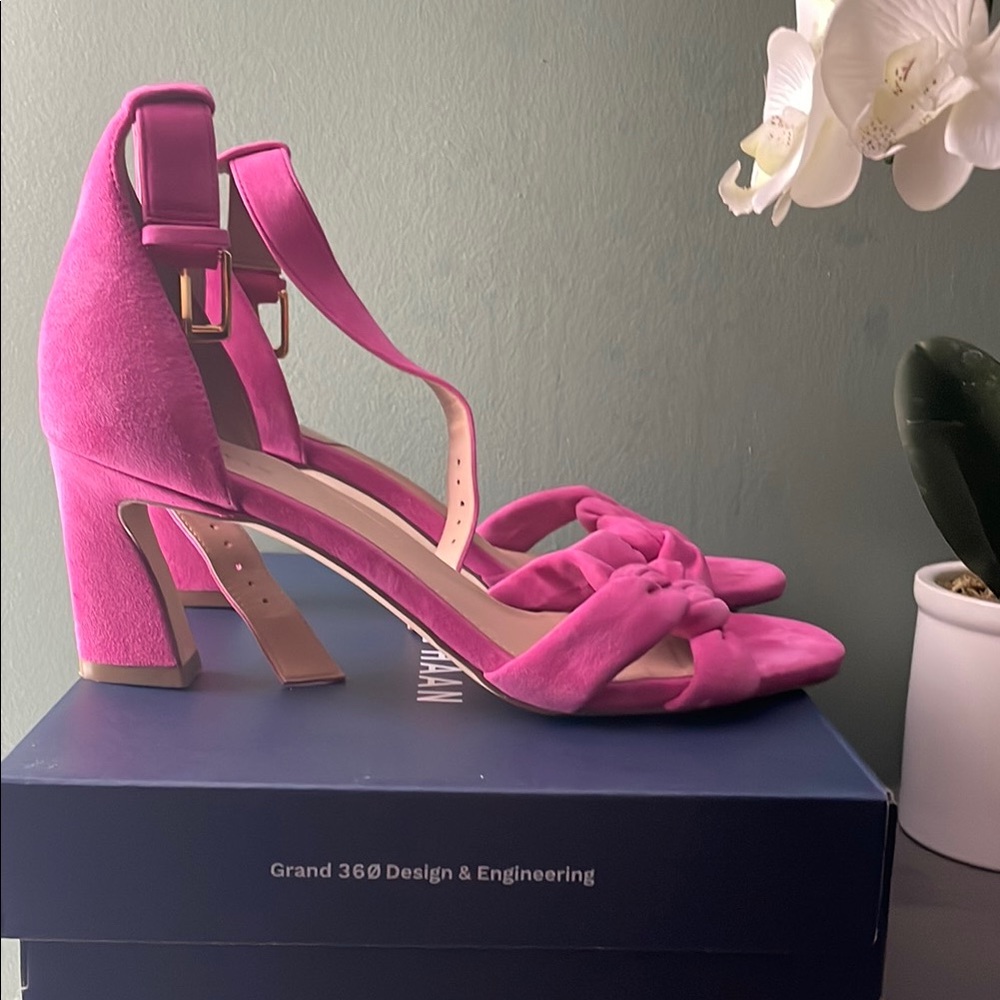 Cole Haan Pink Suede Heels with Braid Detail - Picture 4 of 5